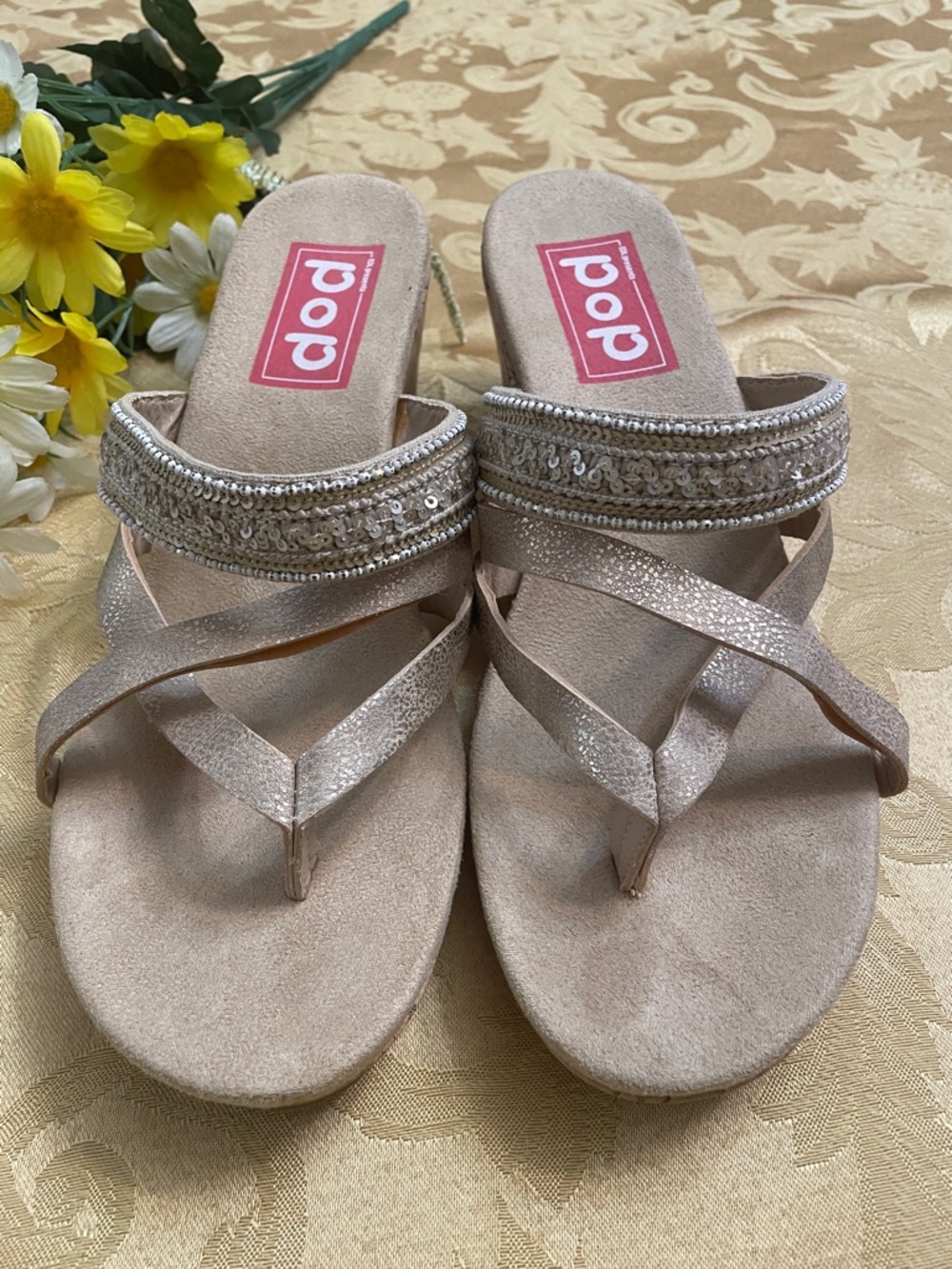 pop Metallic Rose Gold Beaded Thong Sandals